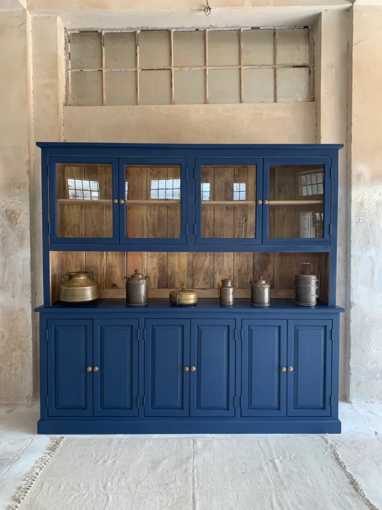 Rustic, wooden crockery display cabinet with smoky dark blue finish for your kitchen