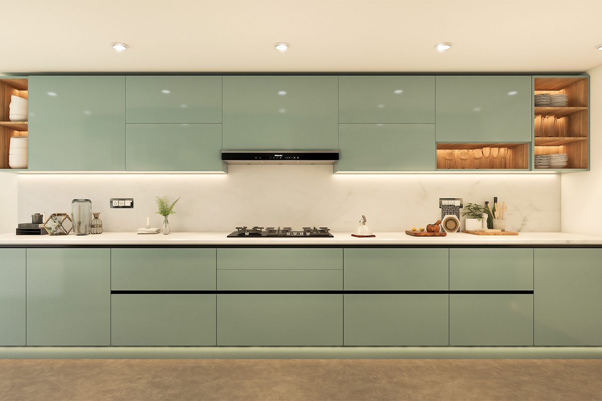 green cooking space with ceiling lights, kitchen appliances
