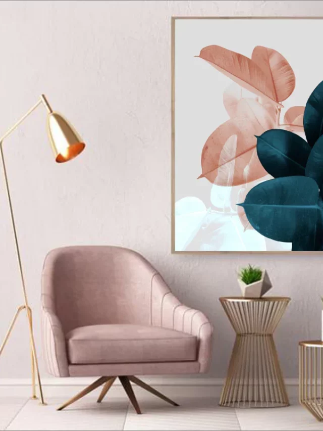 PINK chair in a pink living room with beautiful wall painting, floor lamp and tables