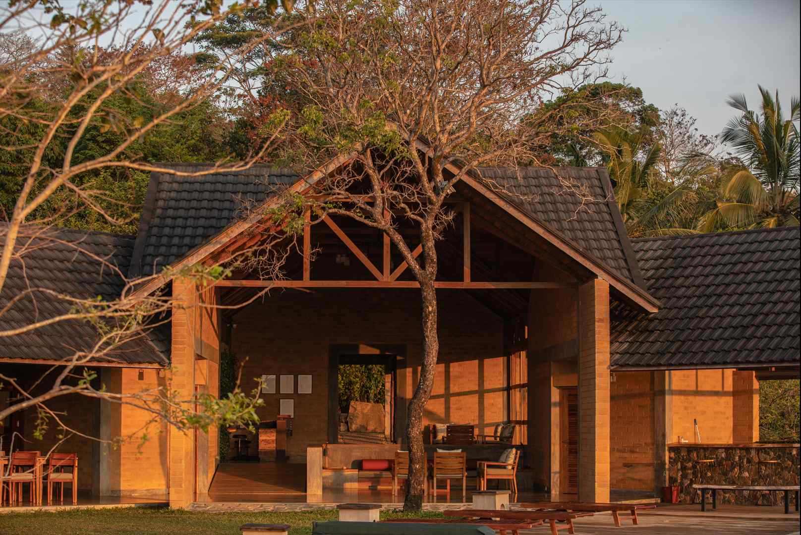 brown house with chairs and trees