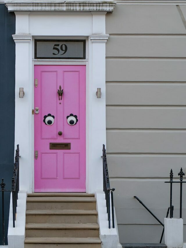 Cute pink door design with stairs