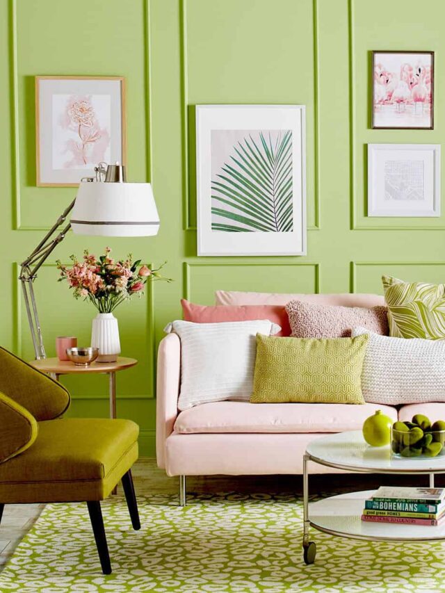 green living room design with pink sofa