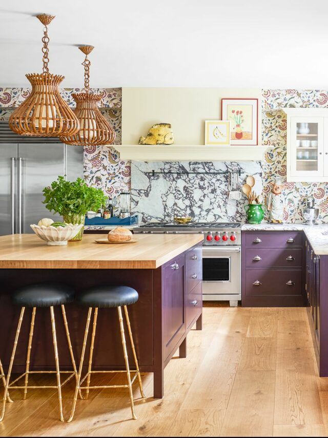 modern kitchen design with wood accents, wooden countertop, pendant lights, purple island