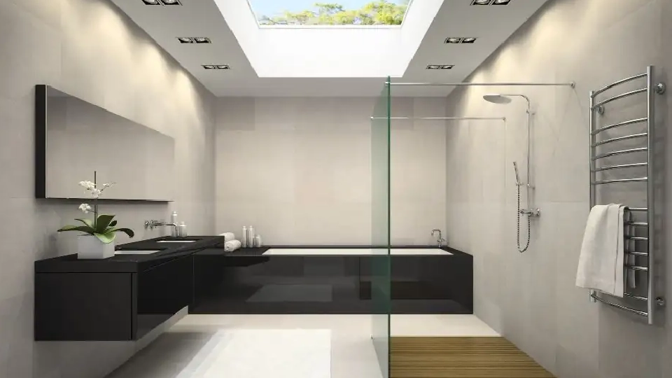 Backlit bathroom false ceiling design with floor for a minimalist look