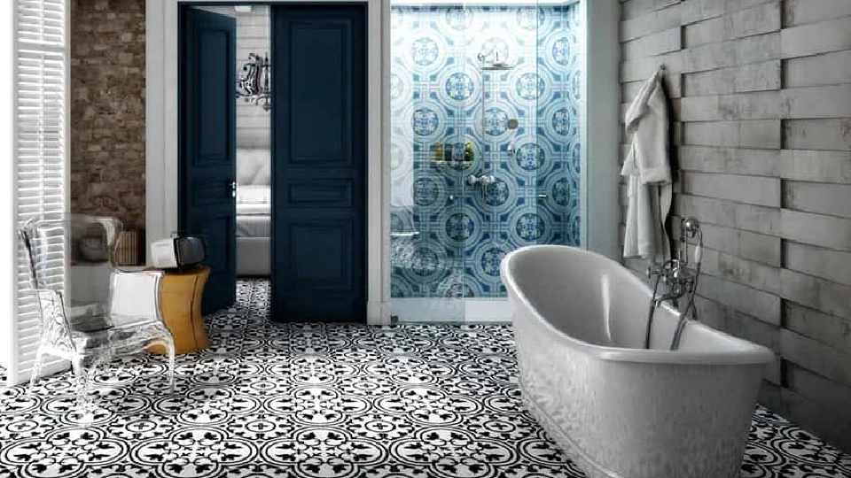 black and white floor with a contrasting bathroom ceiling design 