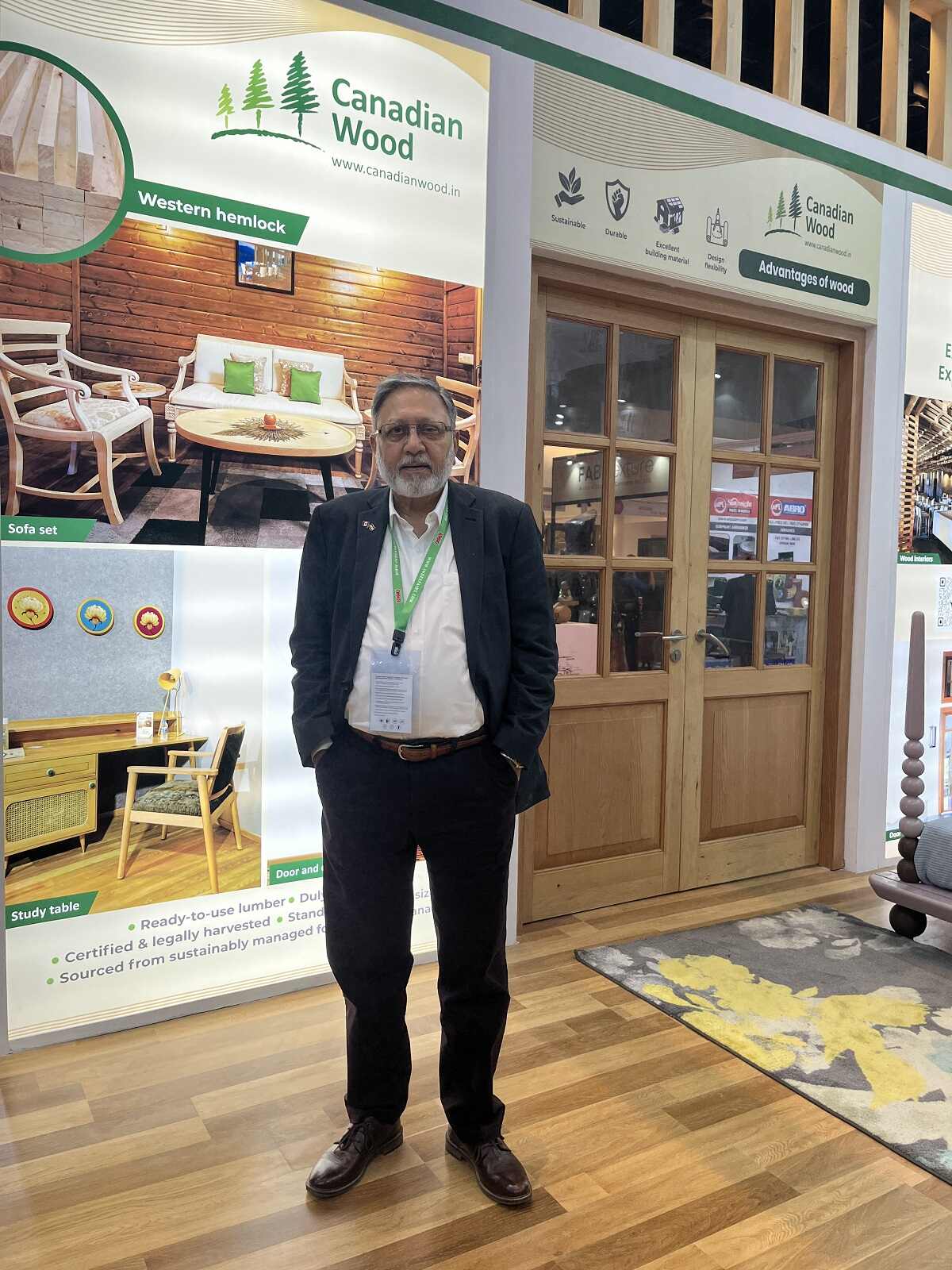 Mr. Pranesh Chibber at Index Fair Mumbai 2023 exhibition talking about sustainable wood species