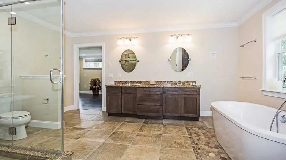 master bathroom ceiling design with tub and vanity