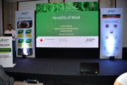 Dr. Jimmy Thomas speaking about "versatility of wood" and sustainable wood species at Canadian Wood seminar in Hyderabad