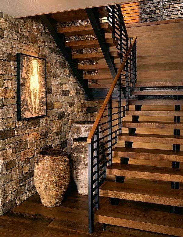 staircase with a rugged elegance of industrial and rustic elements