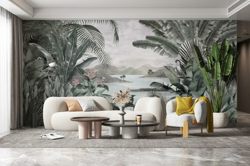 designer living room wallpaper adorning the walls of this elegant home sporting a tropical design in green colours along with a sofa, table and chair