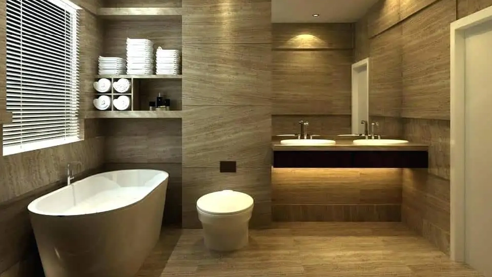 false ceiling idea for a golden look bathroom design with golden floor