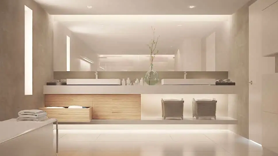 Minimalist master bathroom ceiling design, floor, and decor