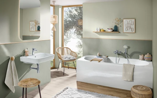 olive green bathroom design by villeroy & boch with white sanitaryware, oak wood flooring