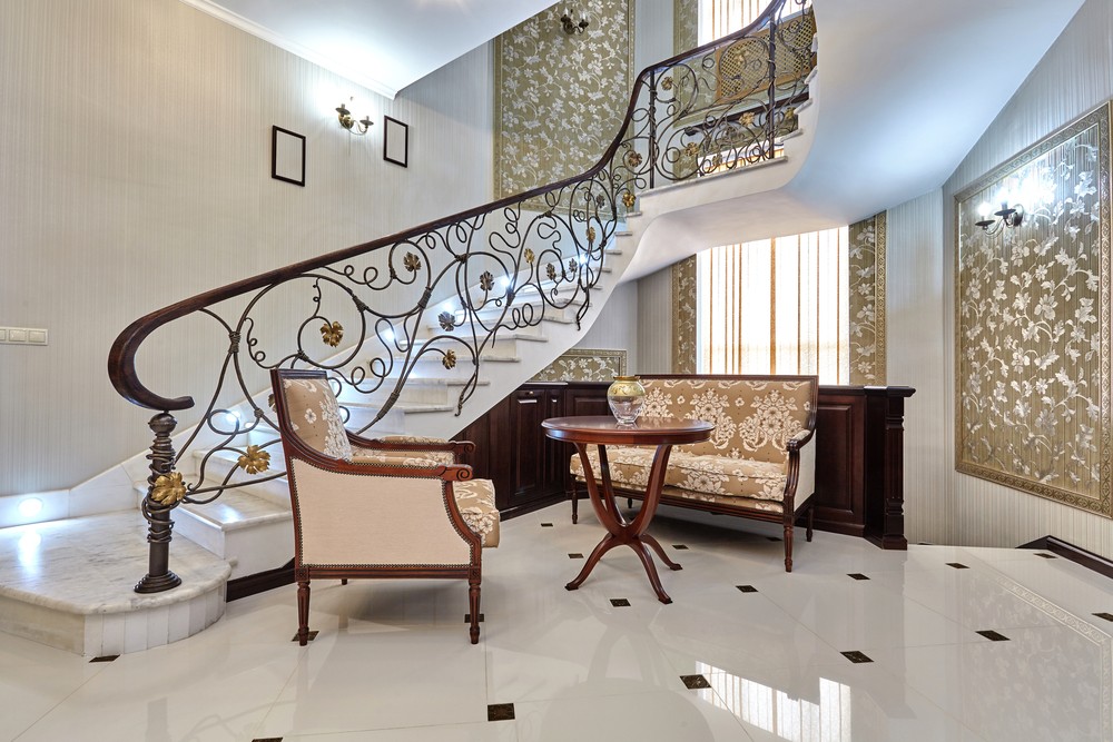 home stairs, traditional railing, chair, sofa, wooden furniture, flooring