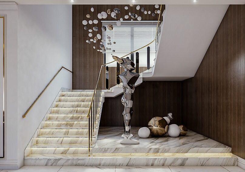 marble, sculpture, flooring. luxurious interiors, metal railing