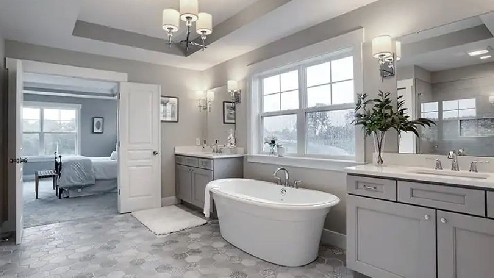bathroom false ceiling design with tile floor and lighting fixture 