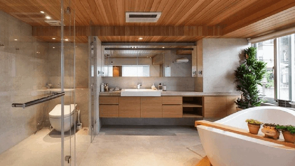 Wooden bathroom false ceiling design with cement floor 
