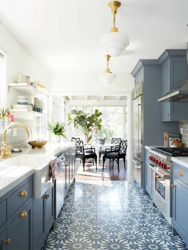 Small kitchen design with patterned flooring in white and muted blue colour, island and cabinetry in blue colour and gold fittings and hardware