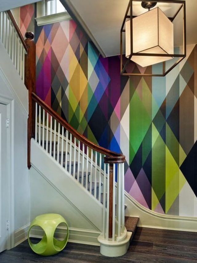 quirky stairway wall decor, geometric patterns, light accent