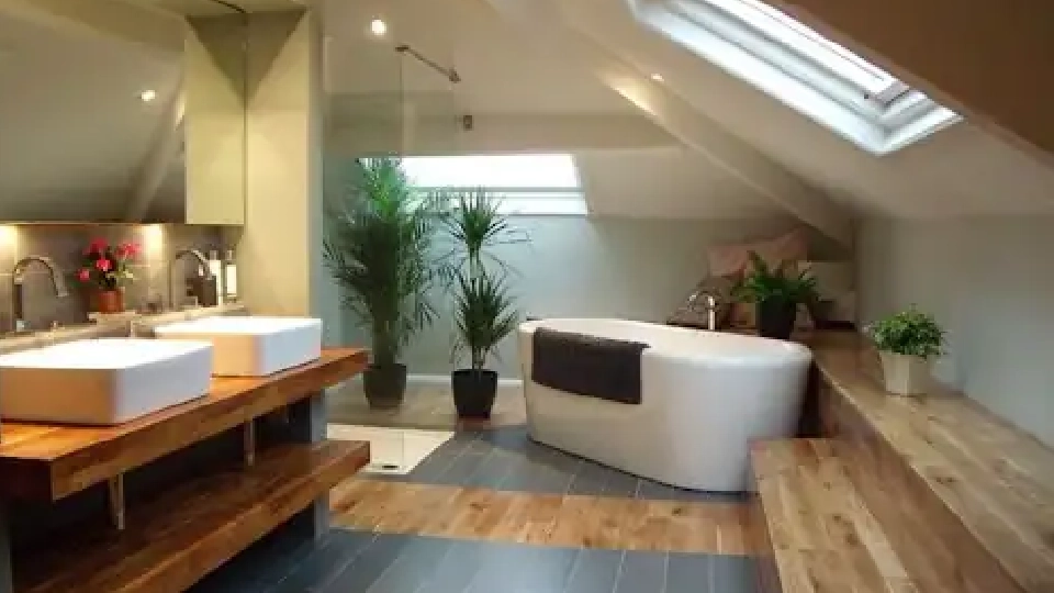 small bathroom with a beautiful floor, and sloped ceiling design