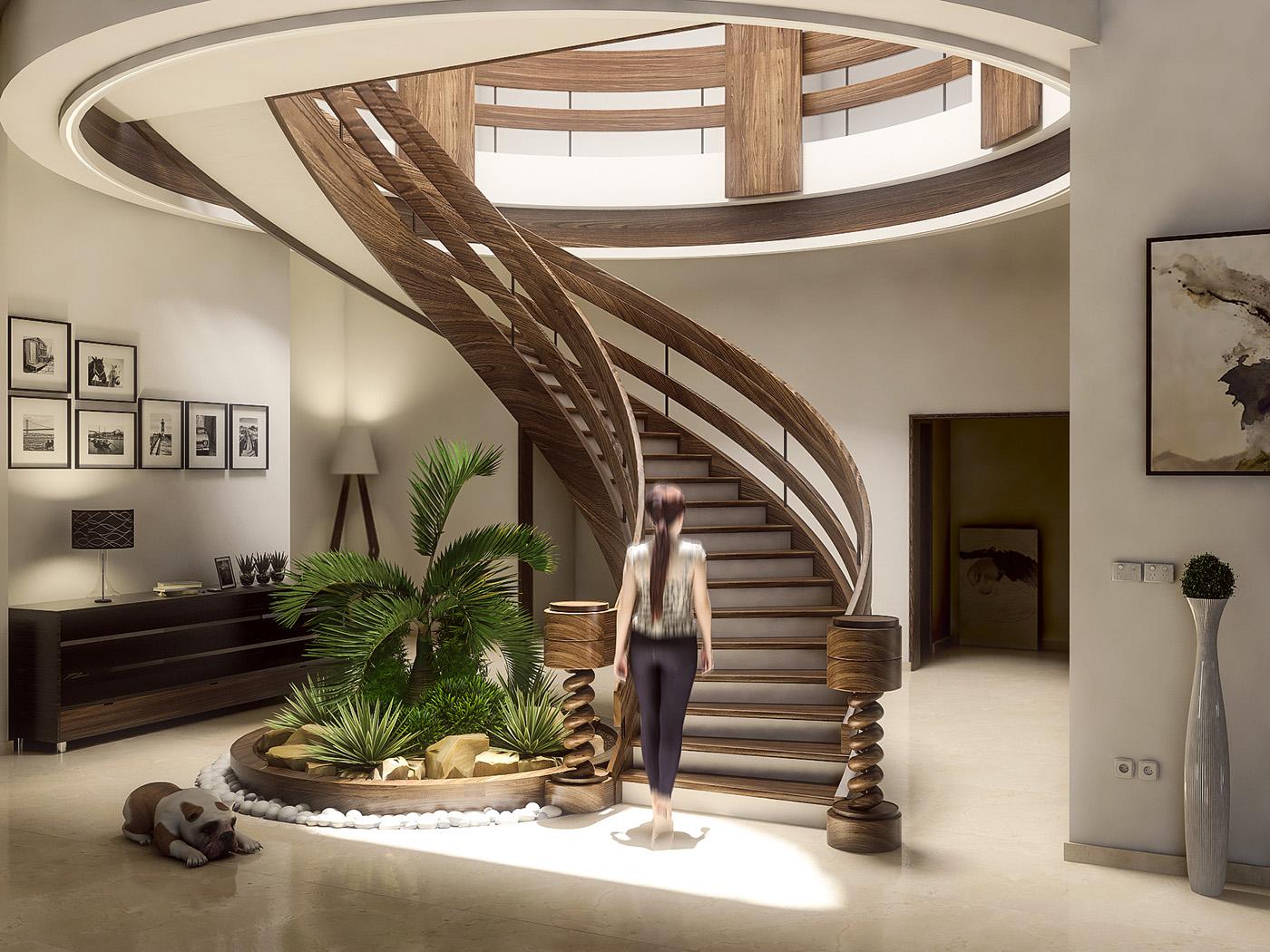 spiral staircase design, plants, classic interiors