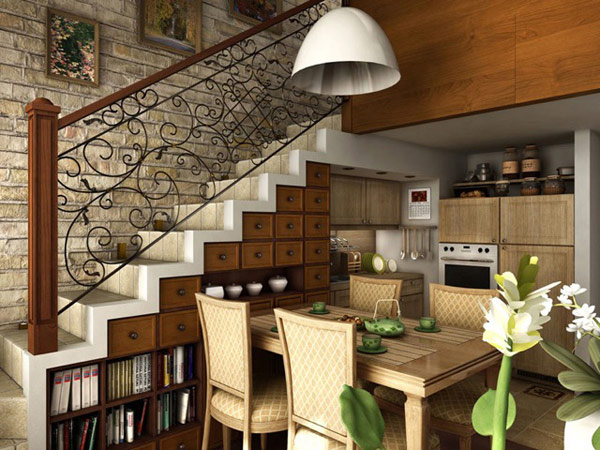 staircase design, jali-inspired, shelf space under stairs, rustic vibe, hanging light, dining table, chairs, table, indoor plants