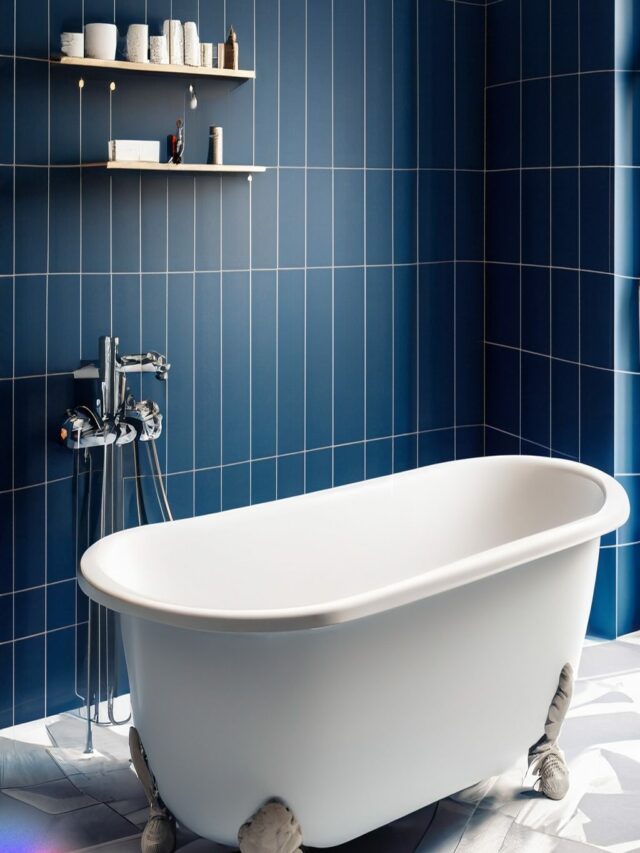 blue tiles, bathtub, white flooring