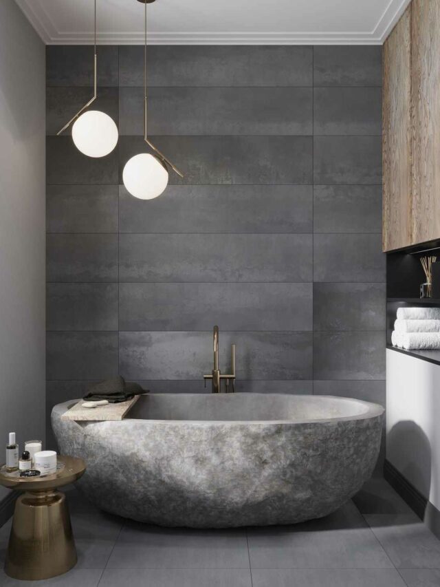 grand sanctuary, luxurious bathroom, bathtub, hanging lights, flooring