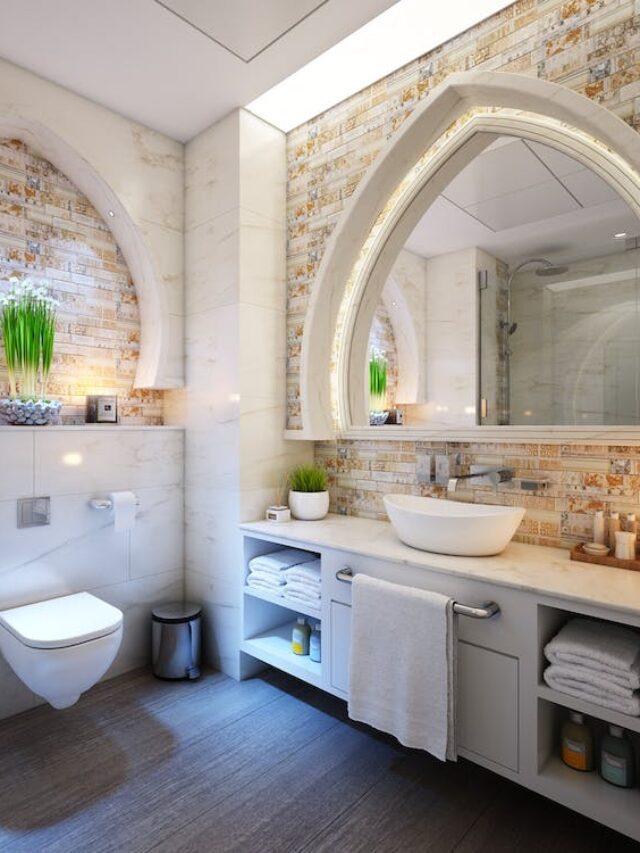 bathroom lights, mirror, wooden flooring