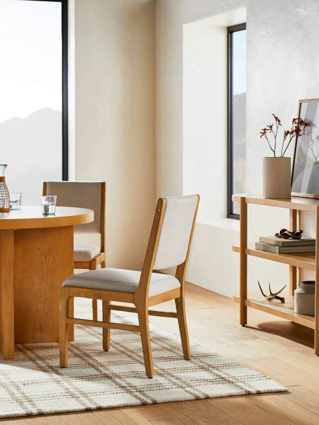 Timeless trendy furniture, a multi functional desk, a chair, a rack with multiple utility items.