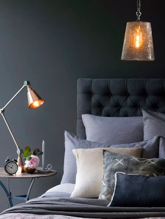 bedroom lighting, table, cushions, hanging light
