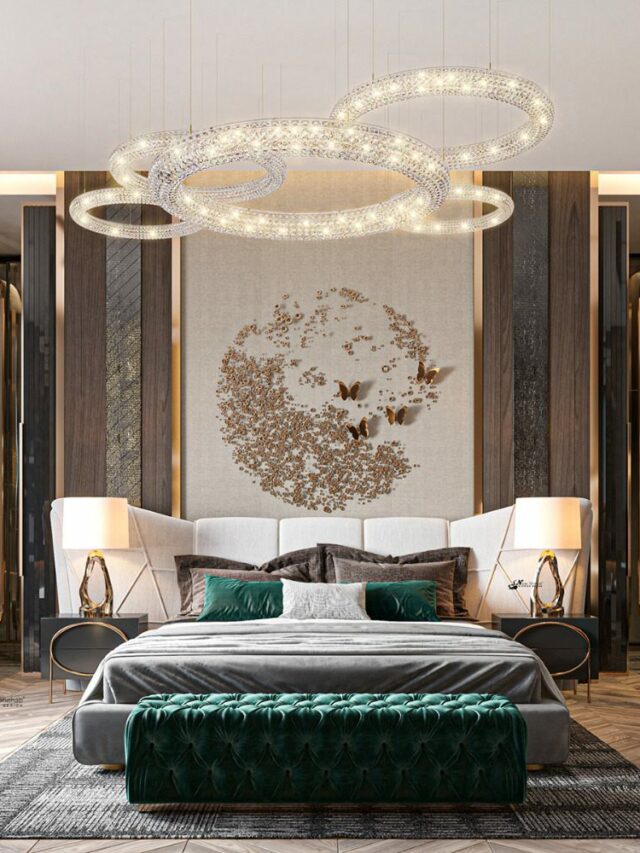 Luxury bedroom, king size bed, chandelier