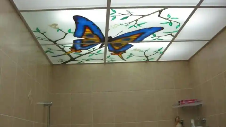 Bathroom ceiling which can be used in living room design also This butterfly glass painting is a creative design idea