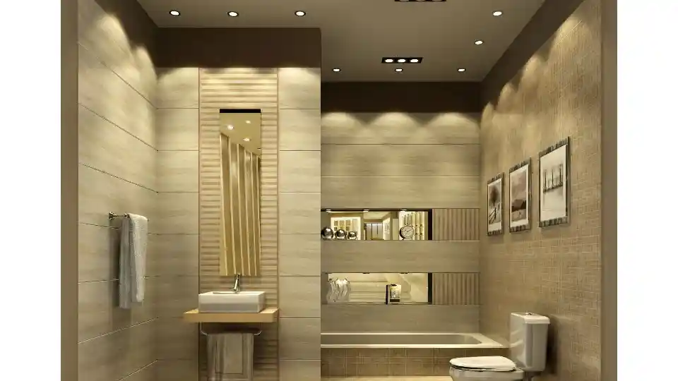 Gypsum ceiling in a luxury bathroom with bathtub, curtain , ceiling lights