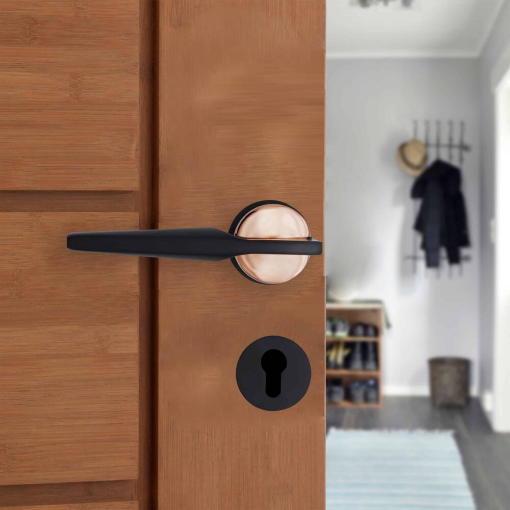 link locks mortise door handle on rose in black and rose gold finish, premium door handles