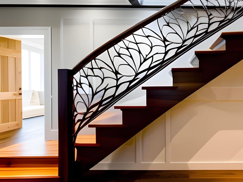 nature-inspired staircase railing design, wooden staircase design with railing with leaves and branches