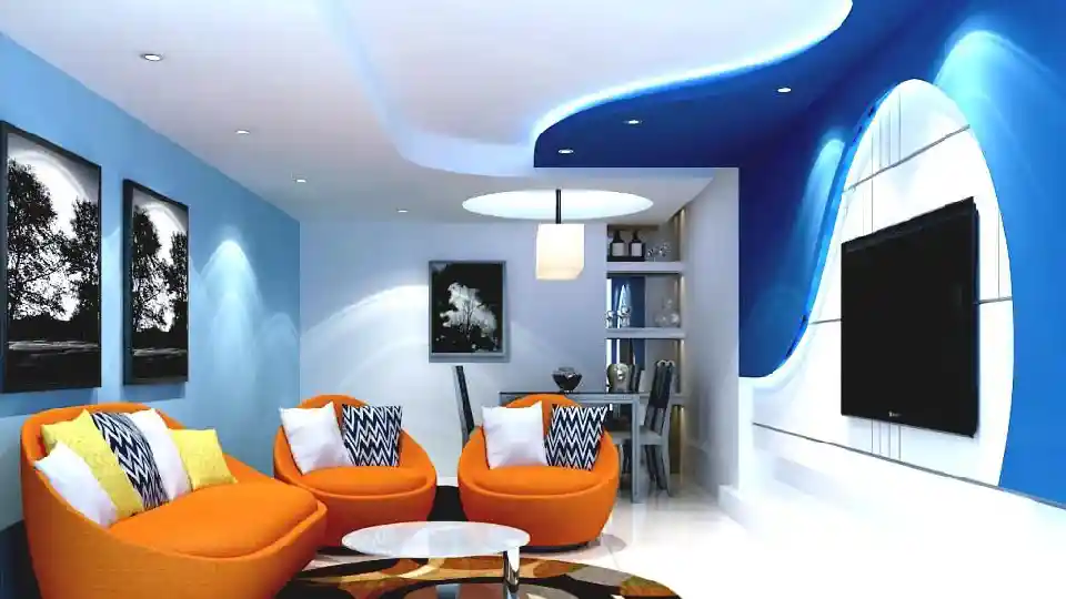 white and blue false ceiling colour for living room design