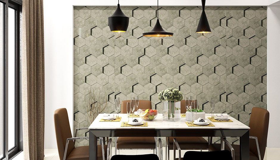 3D shapes on dining area wall with dining table