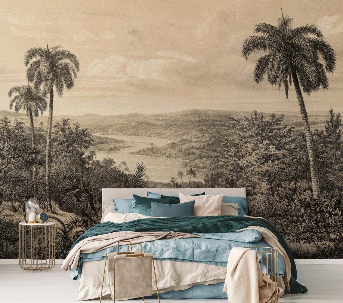 scenic bed room wallpaper in a bedroom with a bed, side table