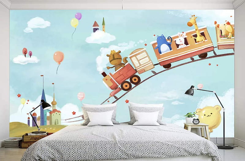 Cartoon murals in kids room with bed