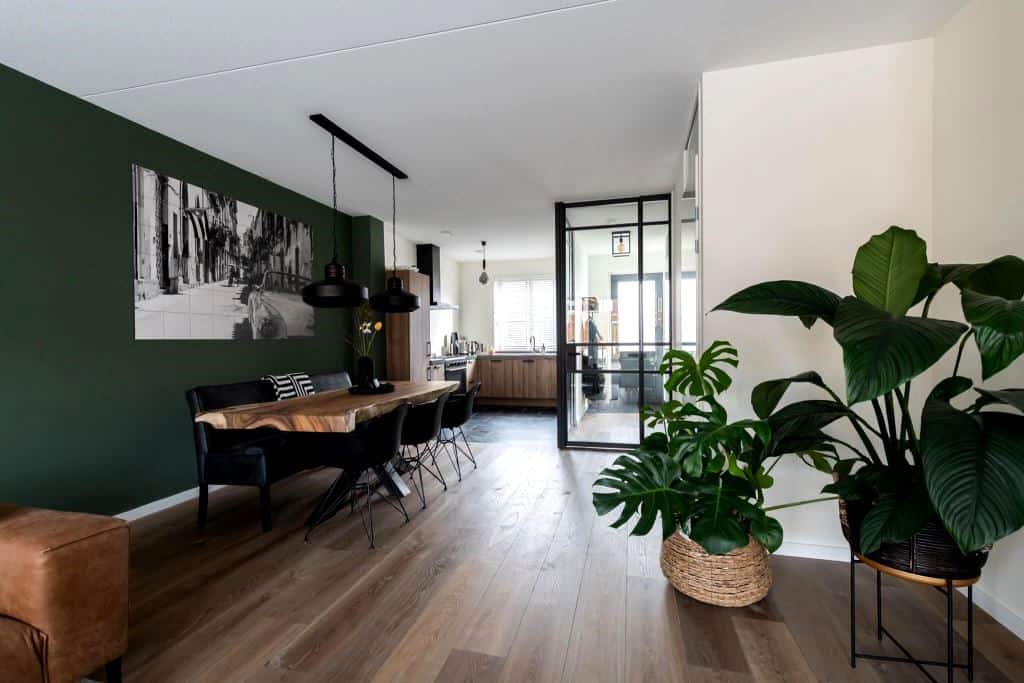 White and dark green hall with plants and furniture