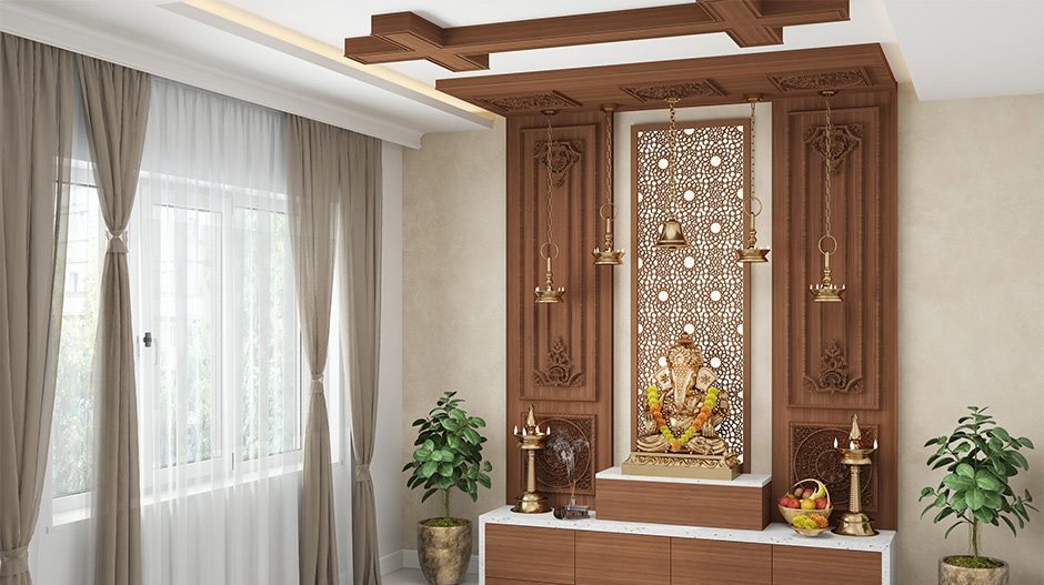 A dual tone puja room with plants and a window