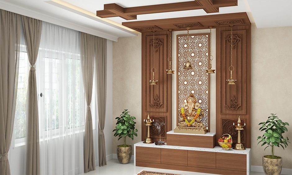 A dual tone puja room with plants and a window