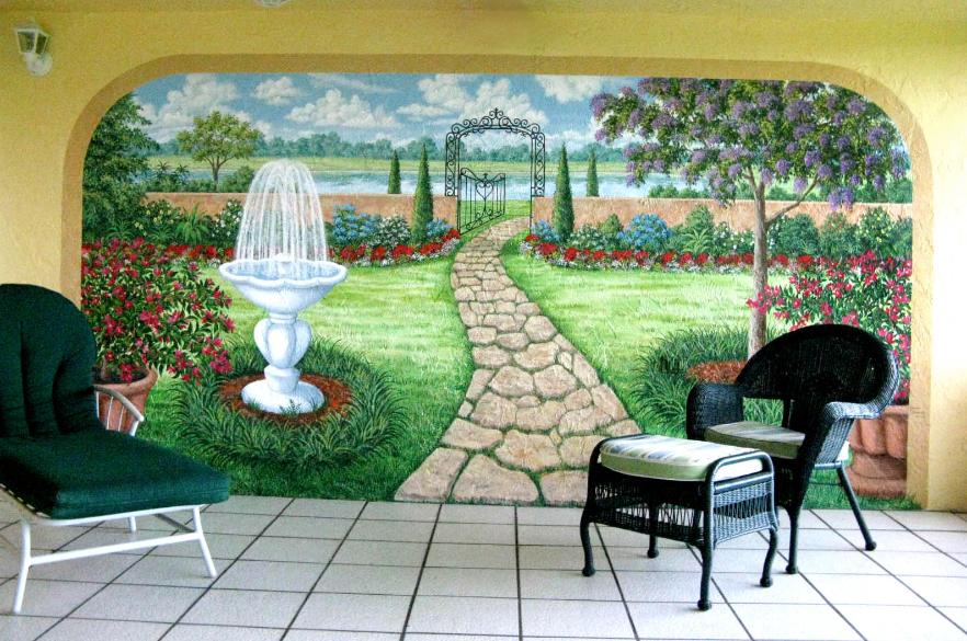 Garden themed mural with seating and wall paint design idea