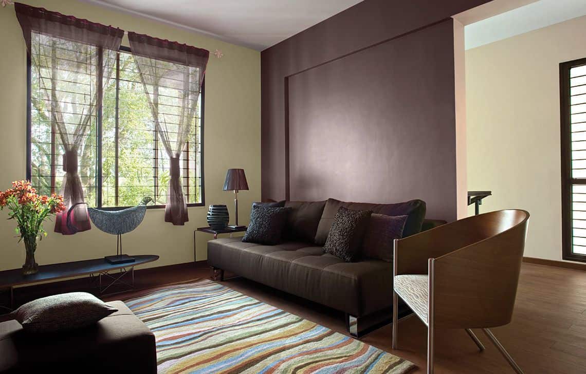 A hall in brown colour with sofas and rug