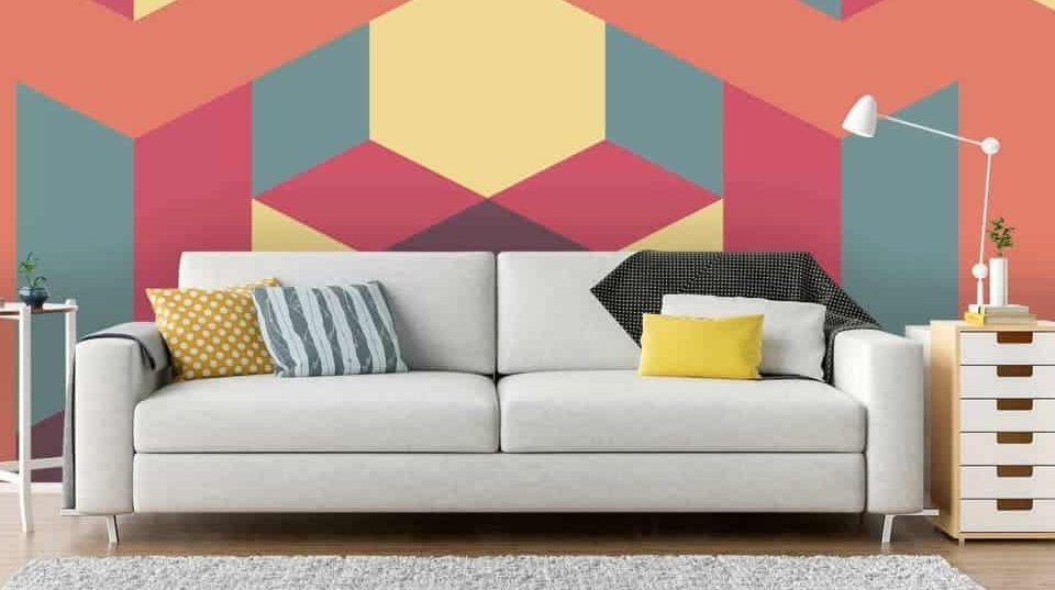 Colourful wall in a living room with sofa