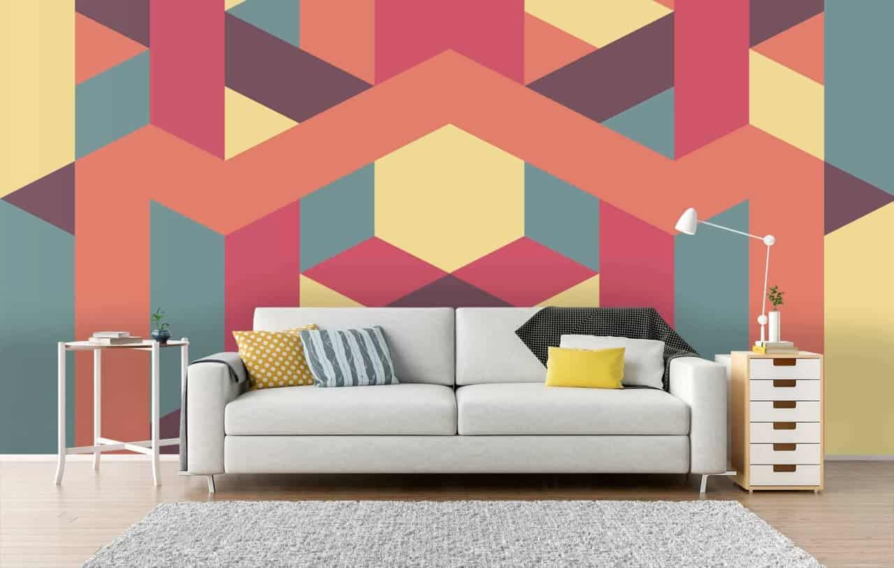 Colourful wall in a living room with sofa