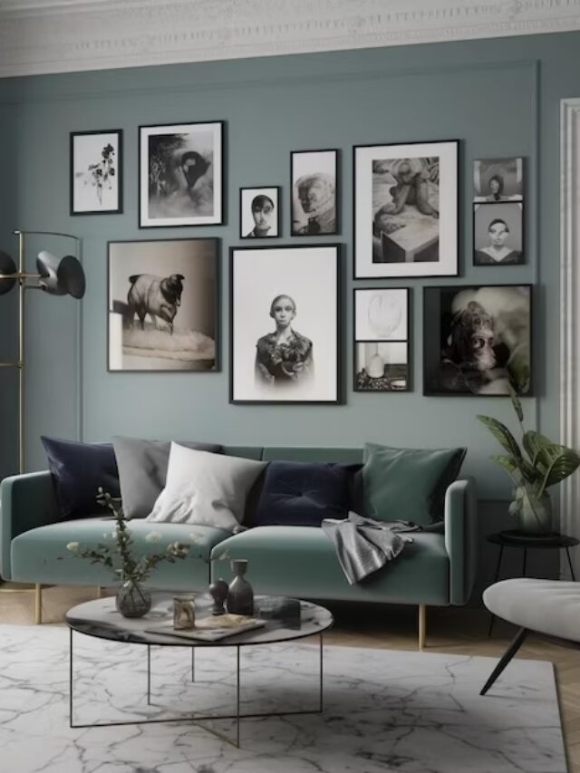 photo gallery on wall, sofa, rug, wood flooring, living room furniture