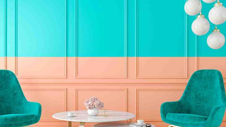 Matte wall paint finish in sky blue and peach