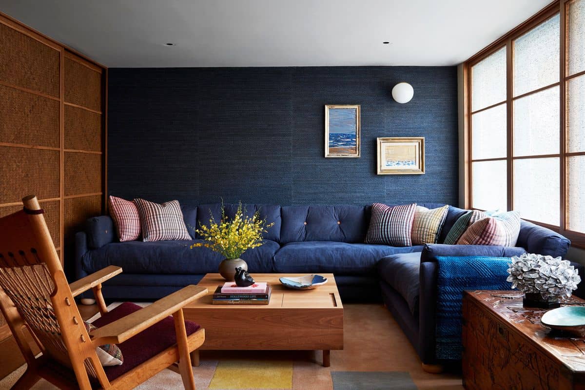Navy blue and brown wall in hall with furniture